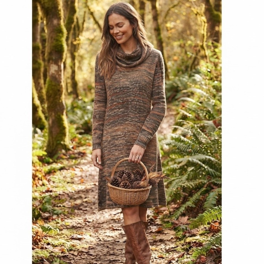 Earthy Cowl Neck Knit Sweater Dress Womens Small Brown Space Dye Forest Fairy